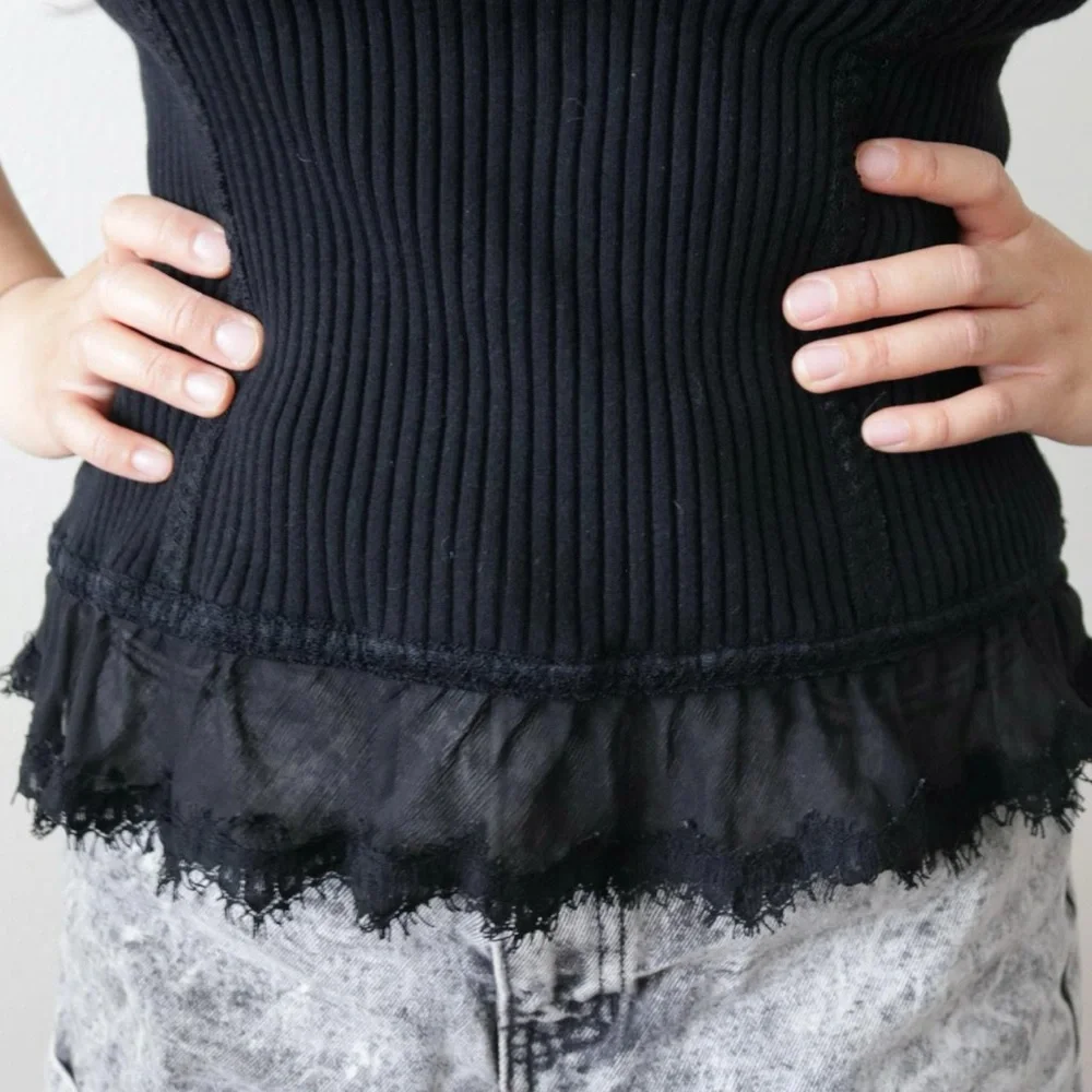 Black ribbed tank top with mesh lace detail - Picture 5 of 5